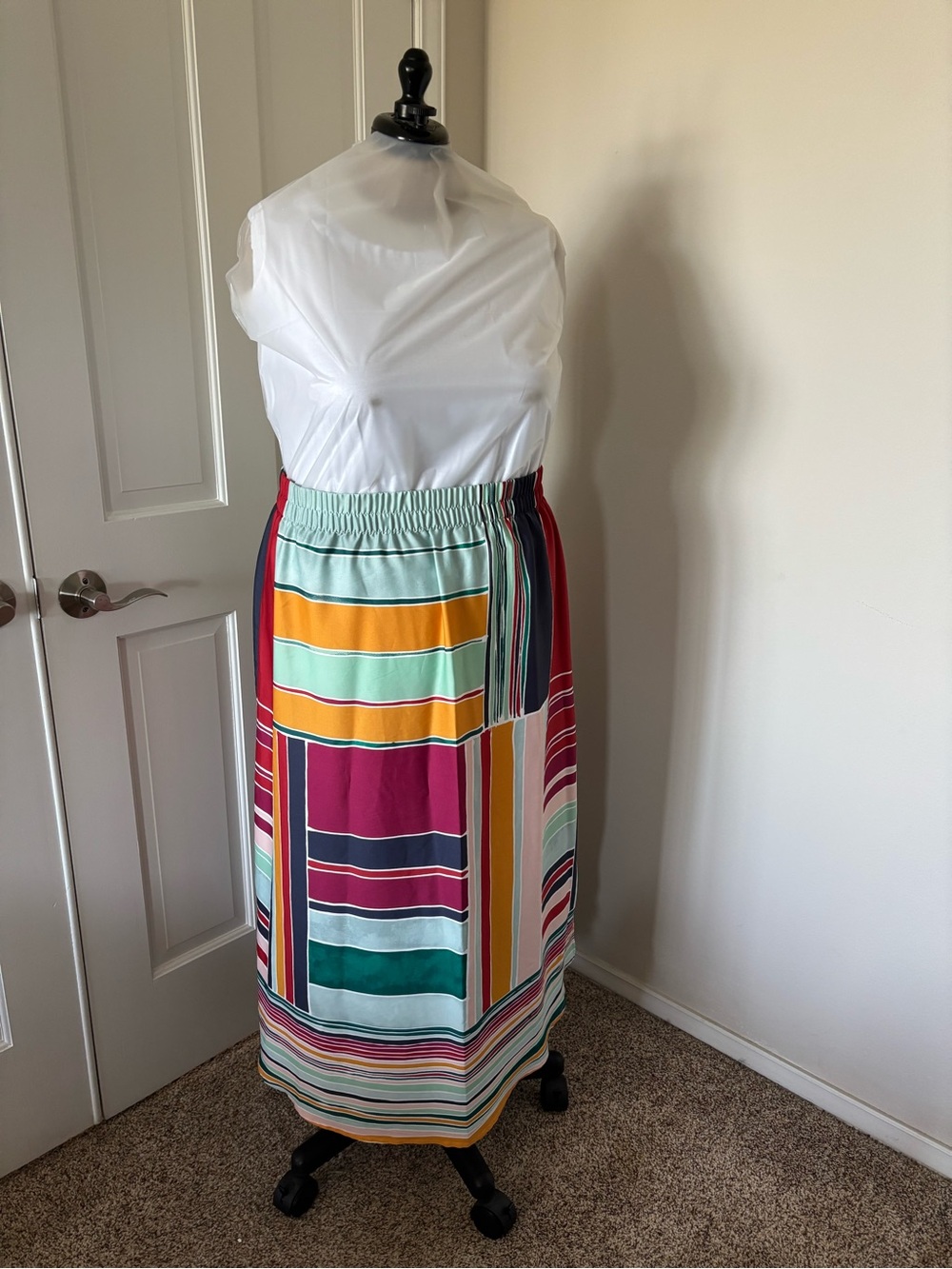LOFT Multicolor Striped Midi Skirt - White, Mint, Gold, Pink, Teal, Navy
